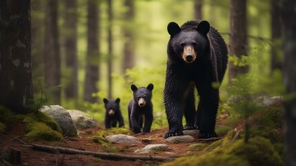A Black Bear Mother and her Cubs in the Forest - obrazy, fototapety, plakaty