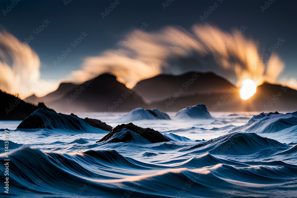 Wall mural sunset over the mountains created using ai generative technology