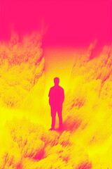 silhouette of person on pink and yellow abstract risograph print textured background, made with generative ai	