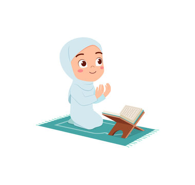 little muslim kid show pray pose and read quran