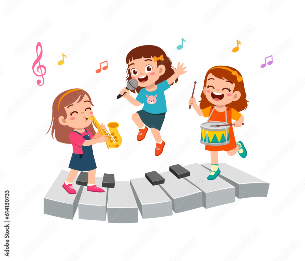 Sticker little kid sing and dance with friends together