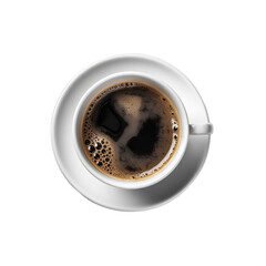 A full hot black coffee cup mug seen from above, top view isolated on a transparent background, Generative AI