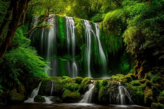 Beautiful waterfall on the island in tropical forest, beautiful natural landscape in the forest. Amazing waterfall for digital wallpaper. Panoramic beautiful deep forest waterfall