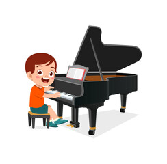 little kid play piano and feeling happy