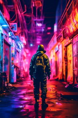 Fototapeta na wymiar person in hoodie radiation suit walks down neon city street from back angle, made with generative ai