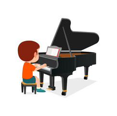 little kid play piano and feeling happy