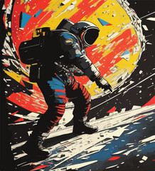 Colorful Vector Illustration of a Lost Astronaut in Space. Chromatic Cosmic Journey