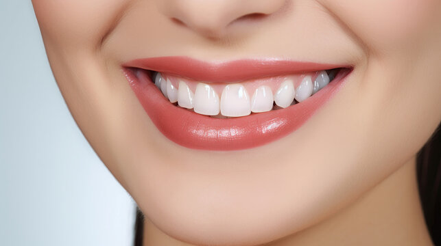 parte de abajo de la cara de una mujer caucasica espa&ntilde;ola con sonrisa y boca con dientes blancos. Concepto salud bucal