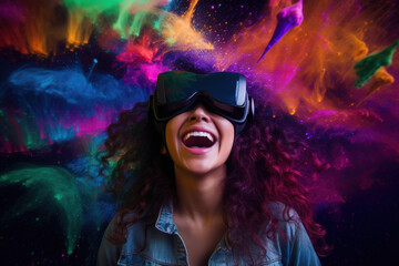 Young girl wearing virtual reality goggles. Dreamy colored powder background. Future technology concept. created with generative AI technology.