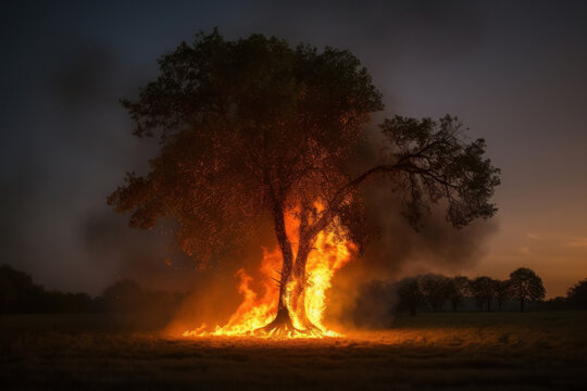 Vibrant sky sets the scene for a burning tree, a striking symbol of the dangerous impact of natural disasters on nature is AI Generative.