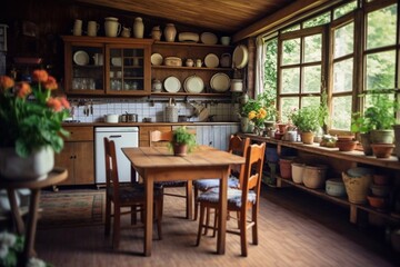 Fototapeta premium Interior of kitchen with glowing Christmas trees, dining table and counters Generative AI