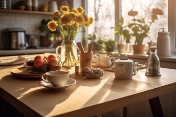 Obraz premium vegetable salad in glass bowl, fresh fruits and vegetables on kitchen table Generative AI