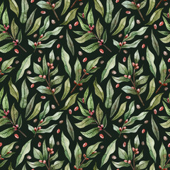 Seamless pattern with branches and berries of coffee on a dark background. Coffee beans seamless background for packaging, paper, decor.