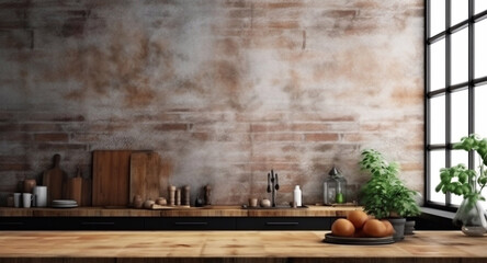 Kitchen table top with empty space for you products or decoration and blurred kitchen furniture background. Generative AI