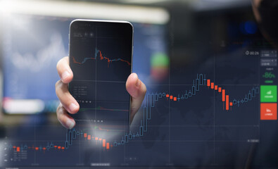 Investing phone application, trader, investor, mutual fund, stock market and digital asset businessman analyzing financial data, forex trading charts, technology, finance, business and investing.