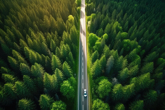 Arial view of a street leading through a green forest.