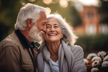 Fototapeta premium A close - up shot of a senior couple sharing a loving moment in a park. Generative AI