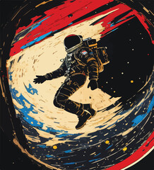 Colorful Illustration of an Astronaut Floating in Space. Chromatic Spacewalk