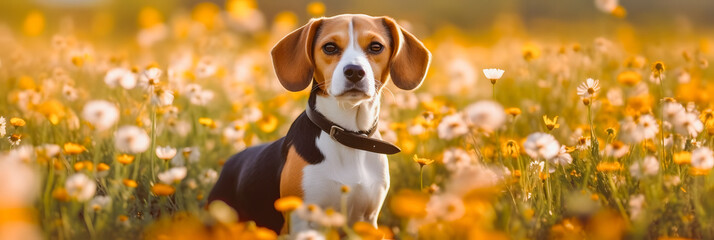 Colorful Canine: Beagle Poses amidst a Field of Vibrant Blooms