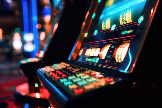 A close - up shot of a row of slot machines in a casino, showcasing their flashing lights and inviting buttons. Generative AI