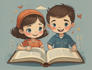 cute little kids boy and girl holding big book reading together