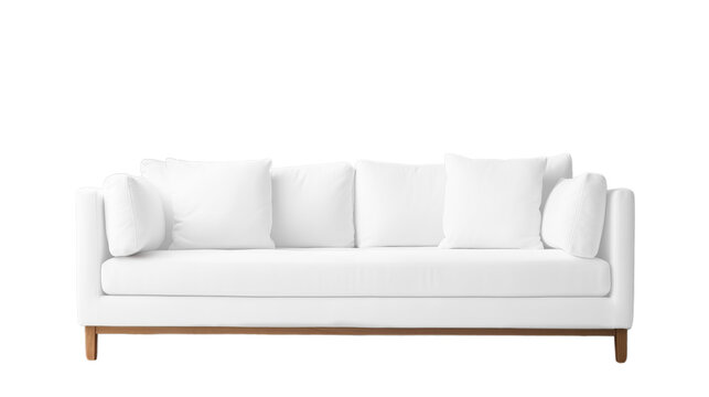 Comfy white couch with pillows isolated on a transparent background, Generative AI