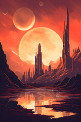 vintage sci-fi painting of orange alien planet surface landscape with moons, made with generative ai 