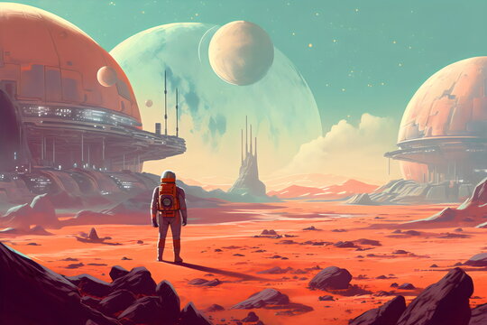 vintage sci-fi painting of person standing on alien planet surface landscape with moons, made with generative ai	