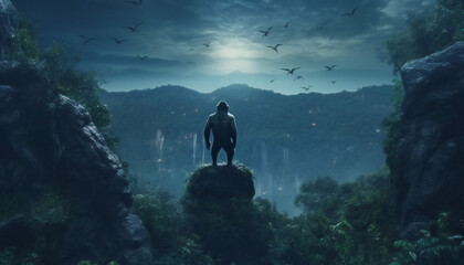 Recreation of a bipedal hominid in a rock at night in the jungle. Illustration AI - obrazy, fototapety, plakaty