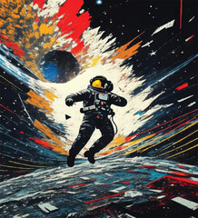 Colorful Vector Painting of an Astronaut Stranded in Space. Galactic Expedition