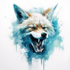 Watercolor fox with its mouth open out on the background