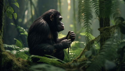 Recreation of a ancestral hominid in a forest. Illustration AI - obrazy, fototapety, plakaty