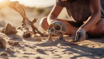 Archaeology  excavation of remains of skull and bones of a hominid in an archaeological site in the desert. Illustration AI - obrazy, fototapety, plakaty