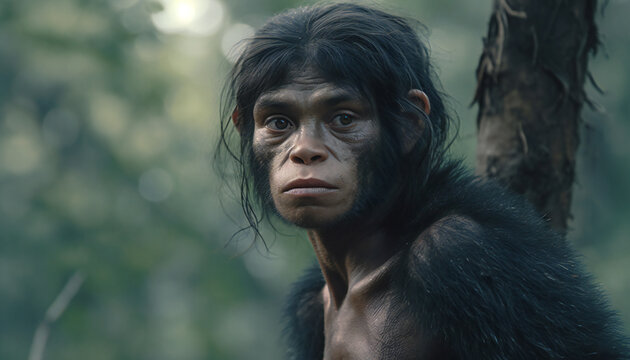 Artistic recreation of a hominid female looking in the jungle. Illustration AI