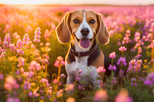 Flower-Filled Fun: Captivating Image of a Cute Beagle Surrounded by Blooms