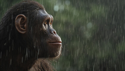 Recreation of hominid face looking with happiness the rain falling in the jungle. Illustration AI - obrazy, fototapety, plakaty