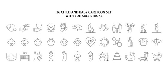 Set of line icons related to child care. Child and baby care  line icon set. Baby care editable stroke outline icons set isolated on white background. Vector illustration. Editable strokes.