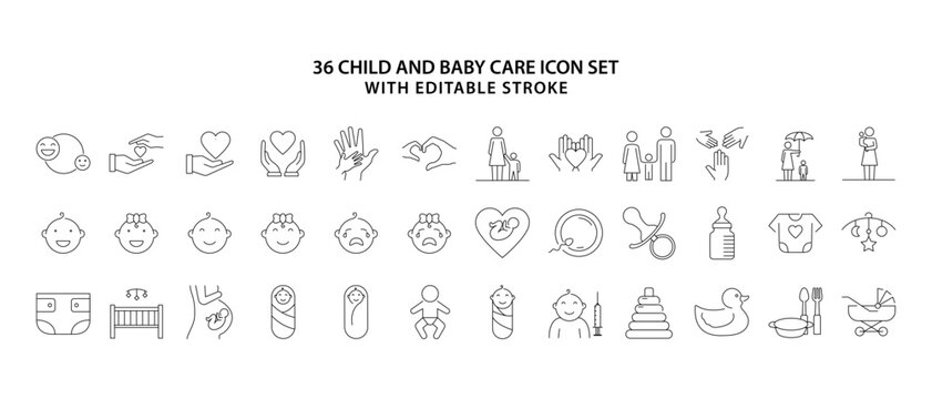 Set of line icons related to child care. Child and baby care  line icon set. Baby care editable stroke outline icons set isolated on white background. Vector illustration. Editable strokes.