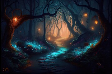Fototapeta na wymiar Fantasy forest at night