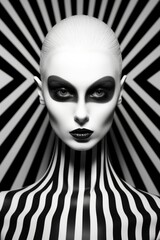 Illustration of a woman with bold black and white striped makeup. On a black and white background. Pop Art and Op Art inspired imagery, created with Generative AI technology