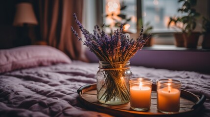 A tray with candles and lavender flowers on a bed. Generative AI image.
