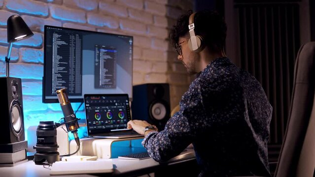 Video editor and colorist started working in studio. Creative video maker