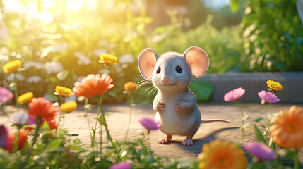 Cute cartoon mouse in peaceful garden for background or wallpaper