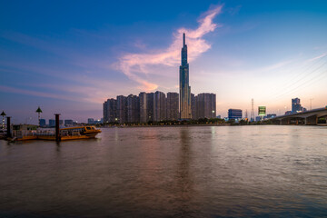 Fototapeta premium Sunset at Landmark 81 with warm sunshine
