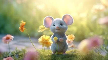 Cute cartoon mouse in peaceful garden for background or wallpaper