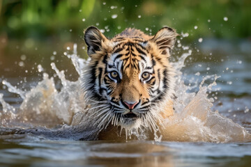 Obraz premium Little bengal tiger (Panthera Tigris) running in river