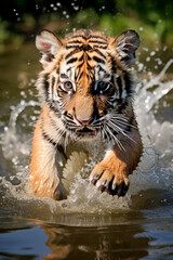 Fototapeta na wymiar Little bengal tiger (Panthera Tigris) running in river