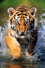 Fototapeta na wymiar Little bengal tiger (Panthera Tigris) running in river