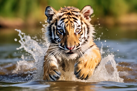 Little bengal tiger (Panthera Tigris) running in river