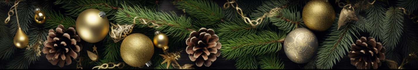 Christmas border with christmas tree branches, decorations and pine cones, generative AI